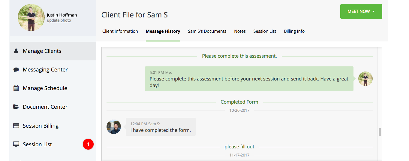 Message History Tab therapysites practice management solutions support